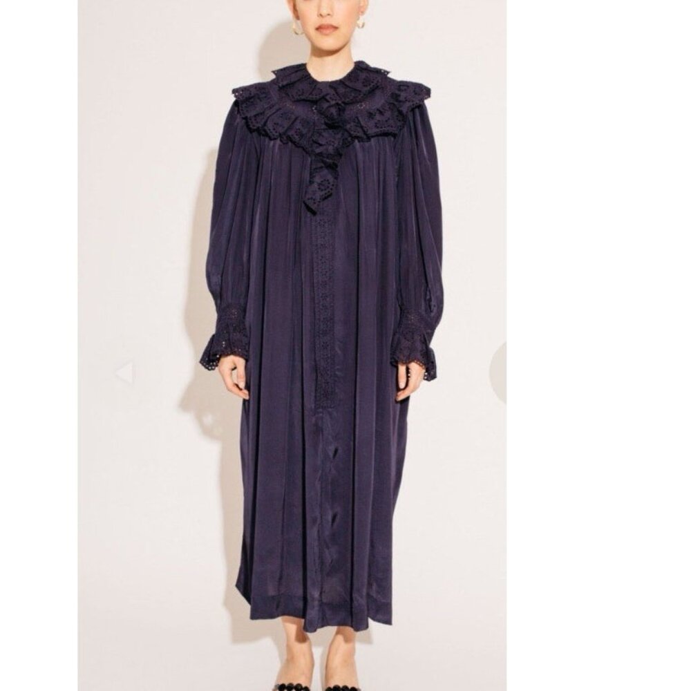 Nikki Chasin Sonnet Maxi Dress Navy Ruffle Neck Long Sleeve Button Front Xsmall